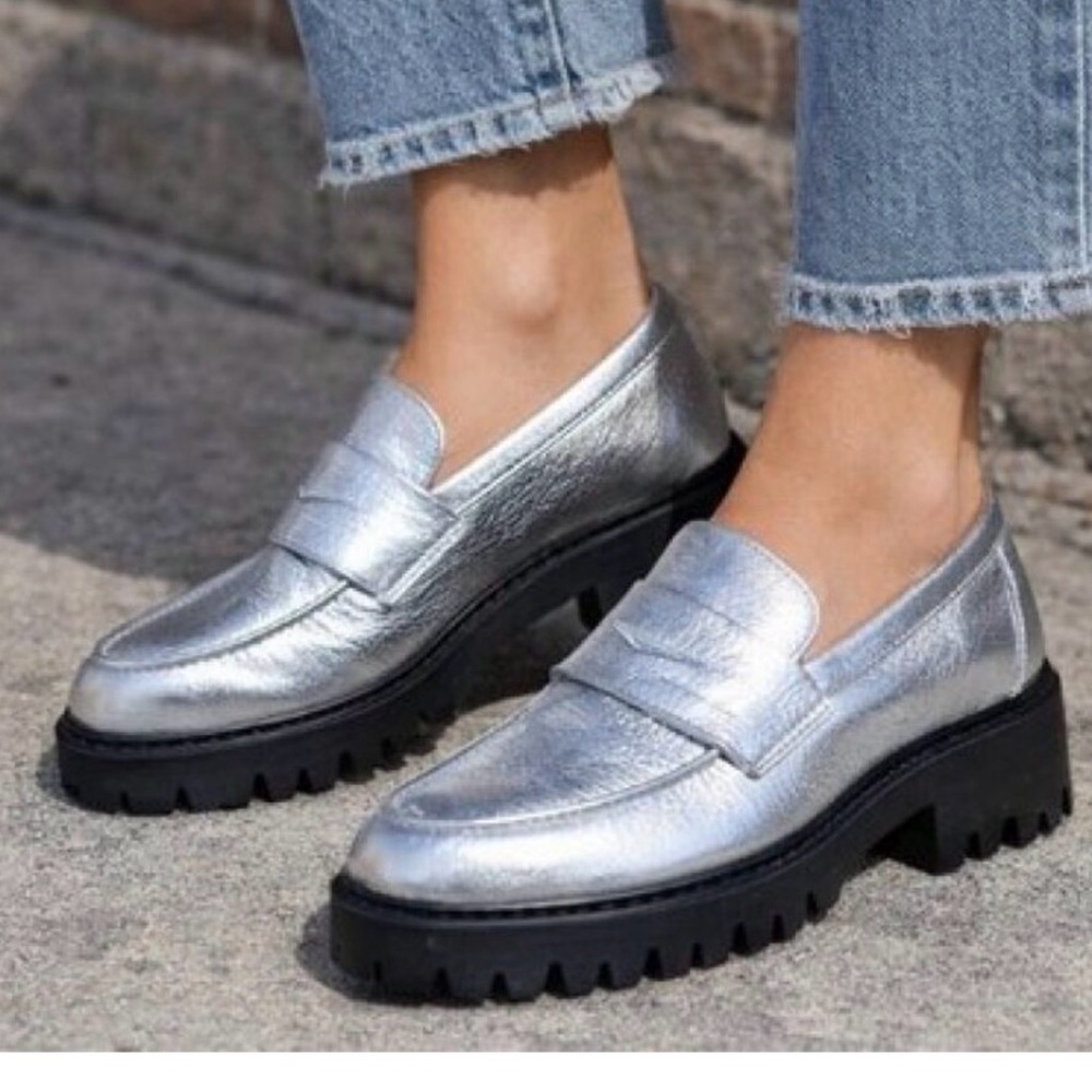 Stuart Weitzman Soho Lug Sole Loafers Silver Metallic Platform Designer Shoe 6.5
